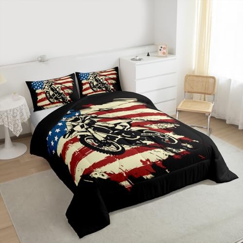 Feelyou Motocross Comforter Set Toddler American Flag Pattern Bedding Set for Kids Boys Girls Dirt Bike Design Duvet Quilt Motorbike Bedroom Decor Extreme Sports Microfiber 2 Pcs with 1 Pillow Cases