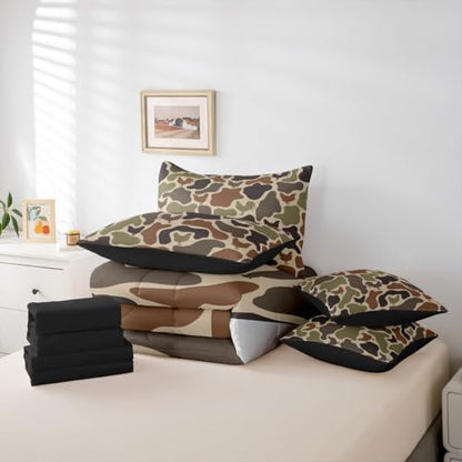 Erosebridal Rustic Camouflage Bedding Set King Chicken Camo Farmhouse Comforter Set 7 Piece Western Farm Animals Bed in A Bag for Adults Vintage Army Green Camo Rooster Quilt with Flat Fitted Sheet