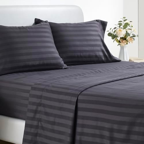 SLEEP ZONE Striped Cooling Twin Sheets Set for Kids - Fitted Flat Sheet & Pillowcase Sets 3 Piece - Super Soft Stripe Bed Sheet, Easy Care, Deep Pocket (Black, Twin)