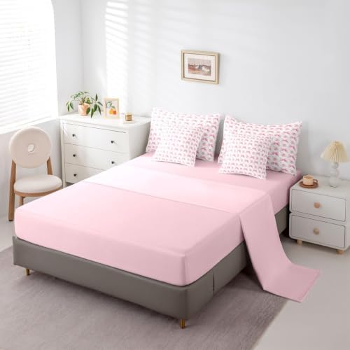Erosebridal Cute Goose Duck Queen Size Bedding Set for Kids Girls Girly Ribbon Bow Comforter Set Geometric Grid Cartoon Animal 7-Piece Bed in a Bag Teen Adults Pink Watercolor Bowknot Quilt Sets
