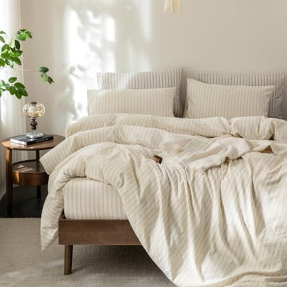 FOSSA Striped Duvet Cover Set 100% Washed Cotton Linen Feel Queen