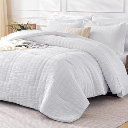 FreshCulture Comforter Set Seersucker 7 Pieces, All Season Bedding Set Queen, Bed in a Bag Comforter Set with 1 Comforter, 1 Flat Sheet, 1 Fitted Sheet, 2 Pillowcases and 2 Pillow Shams, White
