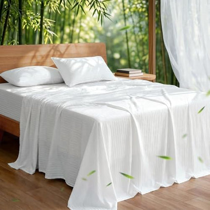 Cooling Sheets Set King Size, Viscose Derived from Bamboo for Hot Sleepers, Double Stitching, Deep Pocket to 16 Inch, Silky Soft and Breathable Bedding, 4PC (King, Jacquard White)