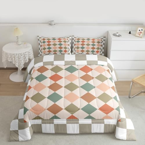 Checkered Geometric Kids Comforter Set Full Size Retro Green Beige Brown Plaid Bedding Set Checkerboard Modern Aesthetic Duvet Quilt for Kids Boys Girls Bedroom Reversible Grey Decor