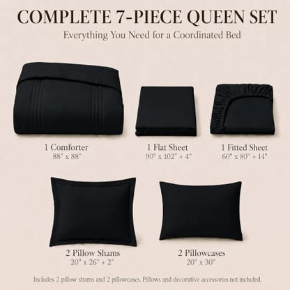 CozyLux Queen Comforter Set Black - 7 Pieces Vertical Quilted Bed in a Bag