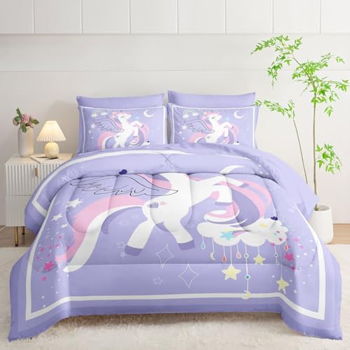 7Pcs Comforter Set Cartoon Purple Unicorn Printed Bedding Set with 1 Comforter,1 Flat Sheet,1 Fitted Sheet and 4 Pillowcases for Boys and Girls Bedroom All Season(Twin)