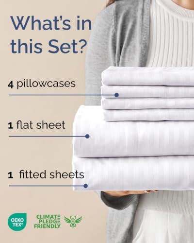 Cal King 6 Piece Bed Sheet Set - Soft, Breathable & Cooling - Striped White