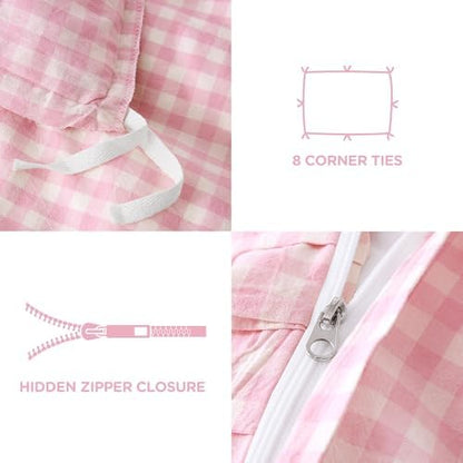 ATsense Pink Gingham Ruffle Duvet Cover Set Cotton Like Linen, King