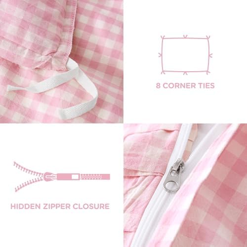 ATsense Pink Gingham Ruffle Duvet Cover Set Cotton Like Linen, Full