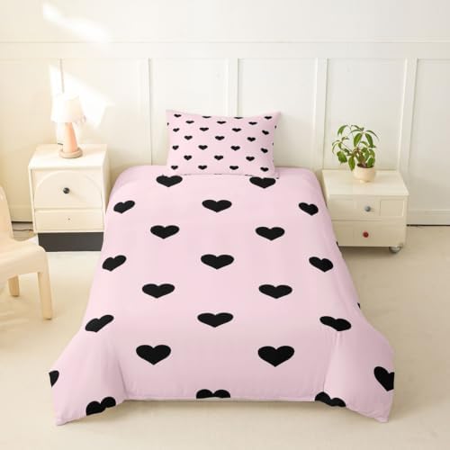 Erosebridal Twin Duvet Cover Set, Microfiber Bed Linen Set with 1 Pillowcase, Love Heart Pattern, All Seasons, Zipper Closure, for Girls, Women, Teens