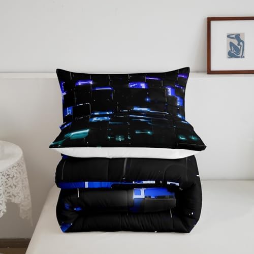 Feelyou Black Blue Teal Square Ombre Comforter Set King Size Kids 3D Rendering Abstract Art Comforter for Boys Girls Teens Modern Fashion Bedding Set Stripes Duvet Set