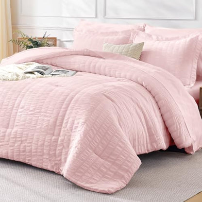 FreshCulture Comforter Set Seersucker 7 Pieces, All Season Bedding Set King, Bed in a Bag Comforter Set with 1 Comforter, 1 Flat Sheet, 1 Fitted Sheet, 2 Pillowcases and 2 Pillow Shams, Pink