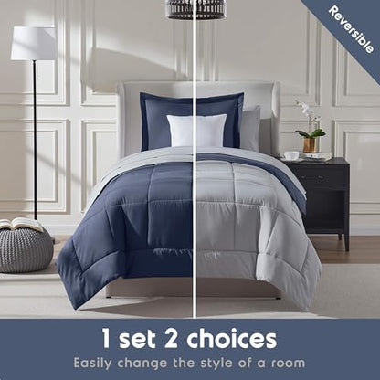 Nestl 7 Piece Twin XL Comforter Set – Navy Reversible Bed in a Bag – Complete Twin XL Size Bedding Set with Sheets, Set of 2 Down Alternative Pillows, Pillowcase and Sham