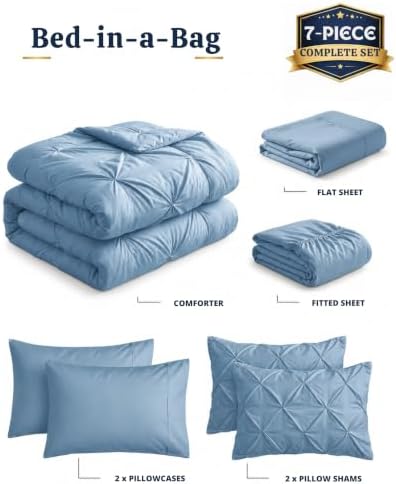 LANE LINEN Queen Comforter Set, All Season 7 Pc Bed in a Bag - French Blue