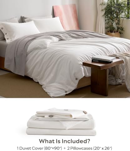 JELLYMONI 100% Washed Cotton White Duvet Cover Full, Linen-Like