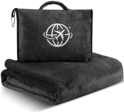 2-in-1 Travel Blanket and Pillow – Lightweight, Compact, Ultra Soft, Machine Washable – Handle, Luggage Sleeve, Backpack Clip – for Travel Airplane, Car, Office (Black)