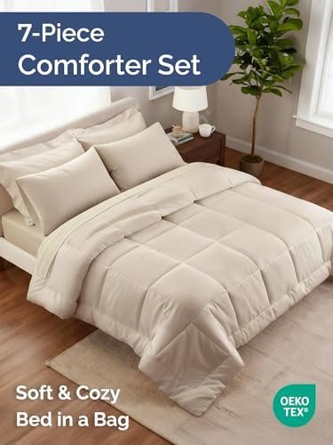 Full Comforter Set - 7 Piece Bed in a Bag Full Size Bed Set, Soft - Wheat