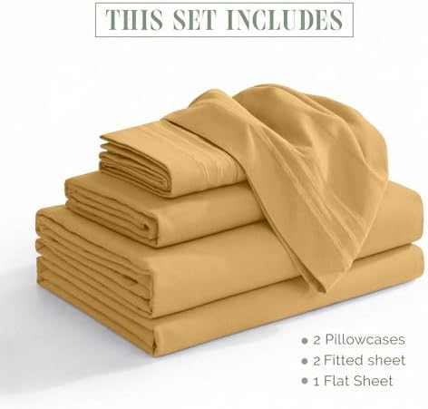 Elegant Comfort Luxurious 1500 Premium Hotel Quality Microfiber Three Line Embroidered Softest 5-Piece Bed Sheet Set, Wrinkle and Fade Resistant, Split King, Gold