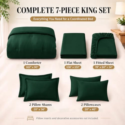 CozyLux King Size Comforter Set Emerald Green, 7 Pieces Bed in a Bag