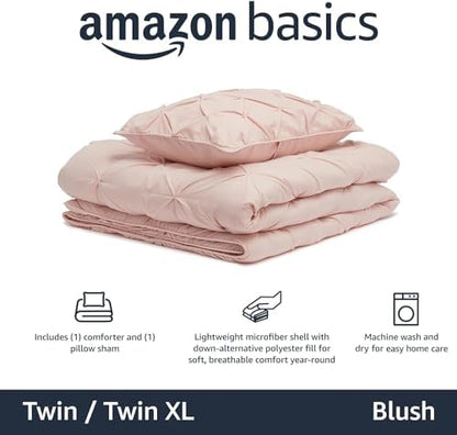 Amazon Basics 2-Piece All-Season Soft Down-Alternative Comforter Bedding Set, Pinch Pleat Design with Piped Edges, Twin/TwinXL, Blush