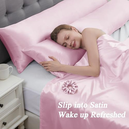 Vielit Satin Body Pillow Cover 1pc,Silky Body Pillow Pillowcase Similar to Silk Pillow Cases Soft Long Pillowcase 20x54 & Envelope Closure, for Women Men Pink & 1 Satin Scunchie