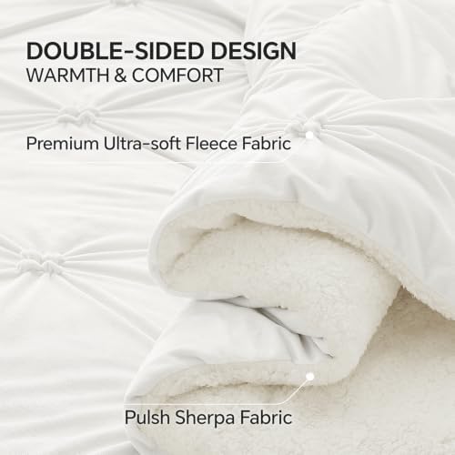 BEDELITE Fluffy Sherpa King Comforter Set,Pintuck-White