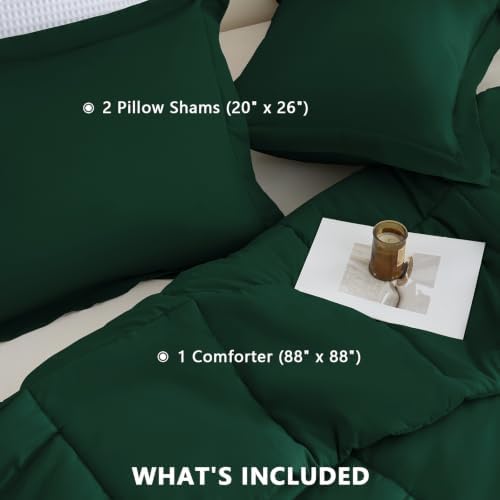 CozyLux Queen Size Comforter Set, 3-Piece Box-Stitched, Emerald Green