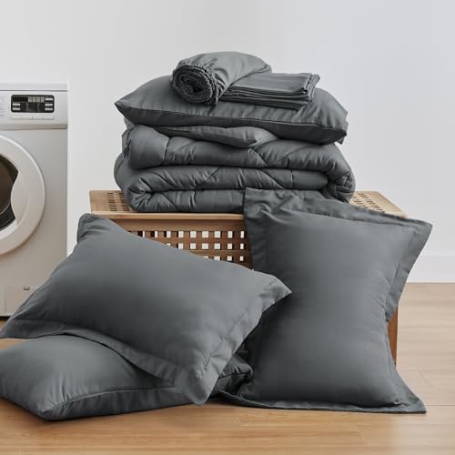 Love's cabin Oversized Queen Comforter Set Dark Grey, 7 Pieces Bed in a Bag, All Season Queen Bedding Sets with 1 Comforter, 1 Flat Sheet, 1 Fitted Sheet, 2 Pillowcase and 2 Pillow Sham