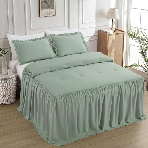 Chezmoi Collection Sinclair 3-Piece Ruffle Skirt Bedspread Set - Soft Lightweight Crinkle Texture Microfiber Bedding - French Country Chic Farmhouse - Queen, Sage Green
