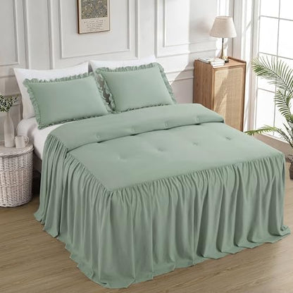 Chezmoi Collection Sinclair 3-Piece Ruffle Skirt Bedspread Set - Soft Lightweight Crinkle Texture Microfiber Bedding - French Country Chic Farmhouse - California King, Sage Green
