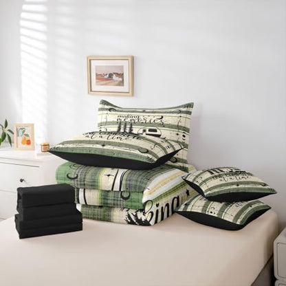 Erosebridal 7 Pieces King Happy Camping Decor Bedding Sets Rustic Camper Comforter Set, Camper Accessories for Travel Trailers Sheet Set, Farmhouse Bed Sets Country Bedding Comforter Sets
