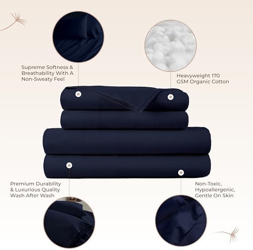 100% Organic Flannel Sheets King Size - GOTS Certified 100% Cotton Flannel Sheets Set with Comfortable Soft Brushed Finish & Deep Pocket - 1 Flat 1 Fitted & 2 Pillowcases (Navy, King)