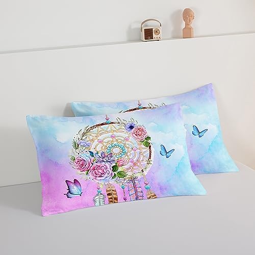 HOSIMA Boho Bedding Dream Catcher Comforter for Queen Size Bed with 2 Pillowcases,Butterfly Bed Set Room Decor for Teen Girls,Feather Floral Bedding Queen Comforter Sets for Adults Kids.