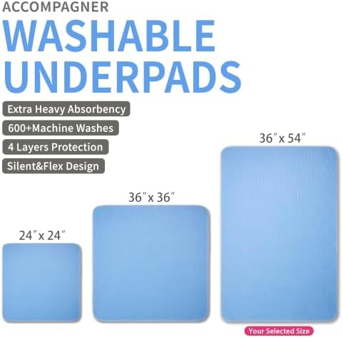 Accompagner Incontinence Bed Pads Washable Waterproof, Ultra-Absorbent Reusable Underpads for Diaper Changing, Nursing, Bedridden, Adults, Seniors, Kids and Dogs (Blue, 36"x54"(Pack of 2))
