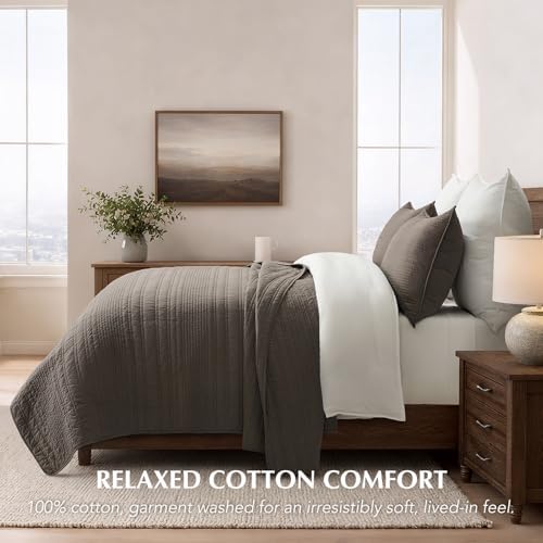 EVERGRACEHOME 100% Cotton Modern Lines Quilt Set King Size, Mushroom Brown