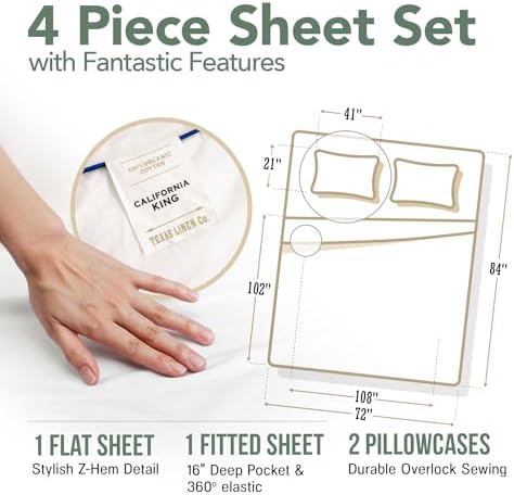 TEXAS LINEN CO. 100% Organic Cotton Printed Sheets California King Size - 4 PC Organic Cotton Cal King Percale Weave Sheet Set, Soft, Cooling & Crisp, 16" Deep Pocket Hotel Bedding Set (Floral Blue)