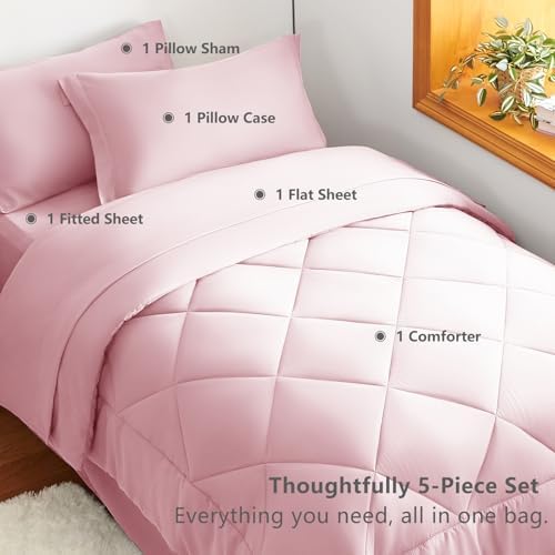 CozyLux Twin Comforter Set 68"x88" Pink - 5 Piece Bed in a Bag