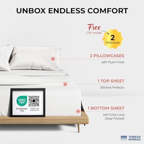THREAD SPREAD 100% Egyptian Cotton Queen Sheets Set - 1200 Series Plush Collection Luxury Egyptian Cotton Sheets Queen Size Deep Pocket (4 PC, White), Soft, Cooling, Sateen Weave Sheet Set