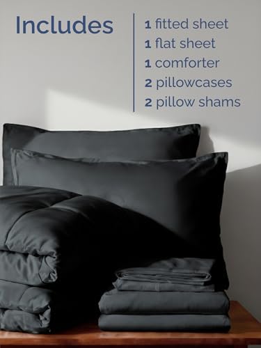 Queen Comforter Set - 7 Piece Bed in a Bag Queen Size Bed Set, Soft - Black