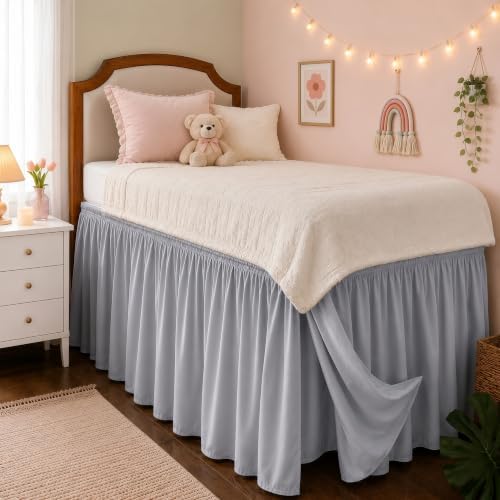 College Dorm Bed Skirt Twin XL 42" Drop, Slit Corner Bedskirt, Ice Grey