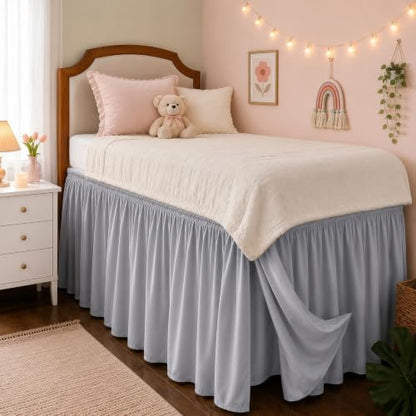 College Dorm Bed Skirt Twin XL 42" Drop, Slit Corner Bedskirt, Ice Grey