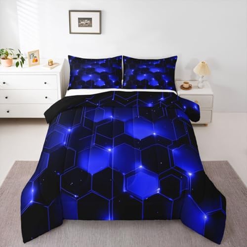 Feelyou Blue Black Geometrics Comforter Set King - Kids Boys Girls Beehive Hexagon Bedding Set - Geometric Honeycomb Duvet Set - Durable Quilt Set King Size