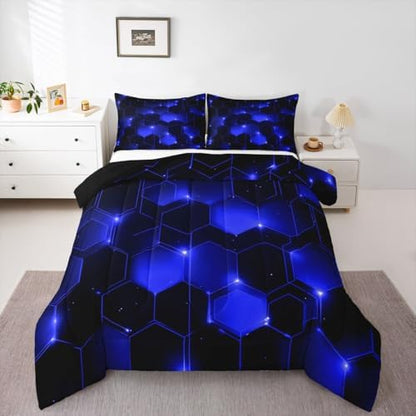 Feelyou Blue Black Geometrics Comforter Set King - Kids Boys Girls Beehive Hexagon Bedding Set - Geometric Honeycomb Duvet Set - Durable Quilt Set King Size
