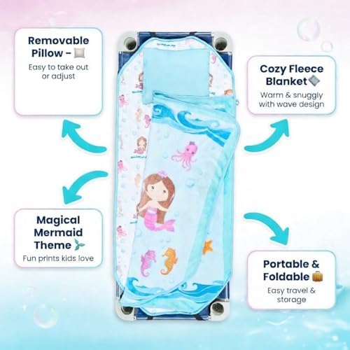 EVERYDAY KIDS Cute Preschooler and Toddler Cot Nap Mat for Home, Daycare, Preschool and Kindergarten; Easy to Roll Sleeping Mat with Elastic Straps, Pillow and Blanket