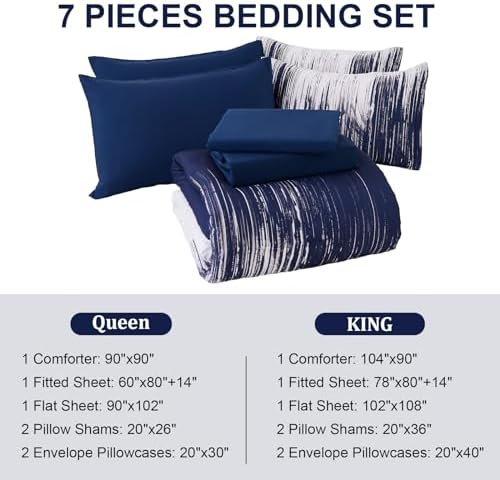 Dinjoy Ombre Blue Comforter Set King Size Gradient Navy Blue White Boho Bedding Set for Teen Men Women 7 Pieces Bed in A Bag Bohemian Bed Set with Comforter, Sheets, Pillowcases & Shams