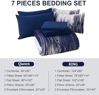 Dinjoy Ombre Blue Comforter Set Queen Size Gradient Navy Blue White Boho Bedding Set for Teen Men Women 7 Pieces Bed in A Bag Bohemian Bed Set with Comforter, Sheets, Pillowcases & Shams