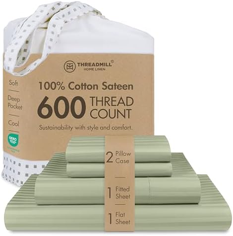 Threadmill 600TC Cotton Full Sheet Set, Sateen, Damask Stripe, Sage Green