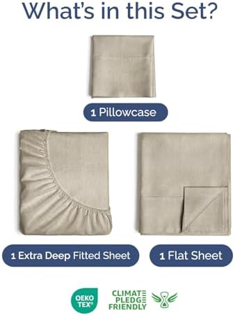 Extra Deep Twin Sheet Set - 3 Piece Breathable & Cooling - Heathered Beige