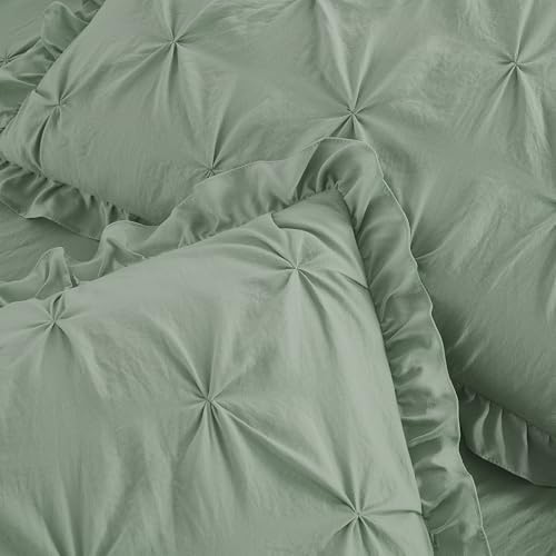 Chezmoi Collection Aria 3-Piece Pintuck Ruffle Skirt Bedspread Set - Lightweight Pinch Pleat Crinkled Texture Microfiber Bedding - French Country Chic Farmhouse - Queen, Sage Green