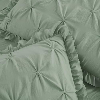 Chezmoi Collection Aria 3-Piece Pintuck Ruffle Skirt Bedspread Set - Lightweight Pinch Pleat Crinkled Texture Microfiber Bedding - French Country Chic Farmhouse - Queen, Sage Green